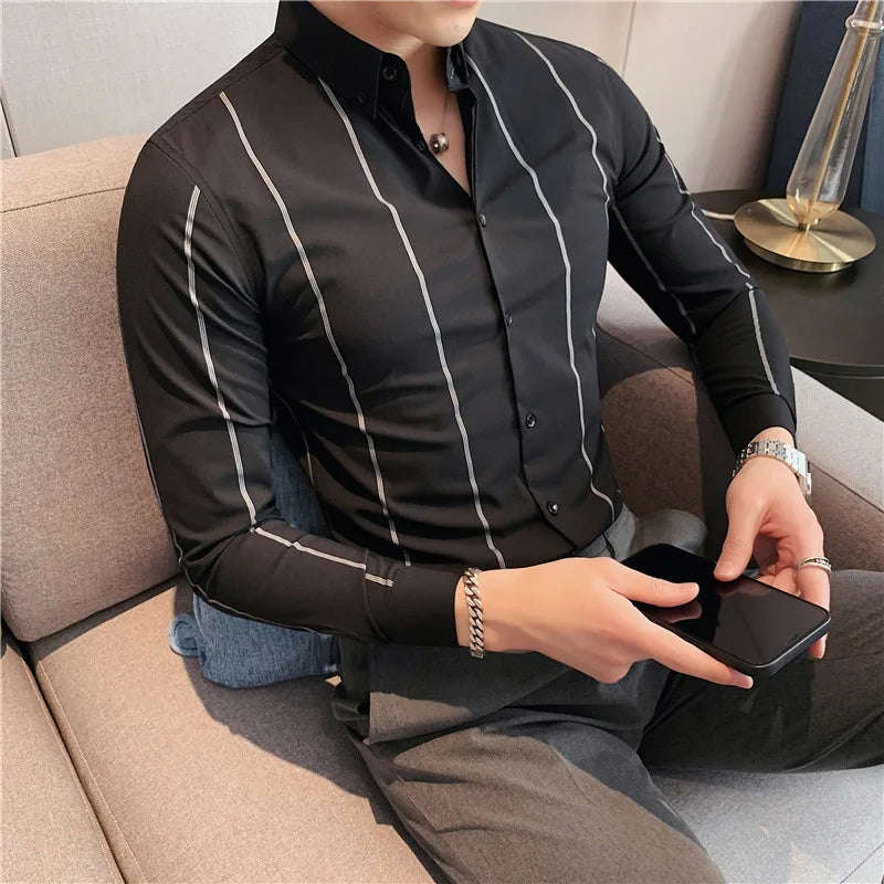Nukty Men's Slim Fit Long Sleeve Stripe Dress Shirt for Casual & Formal Wear