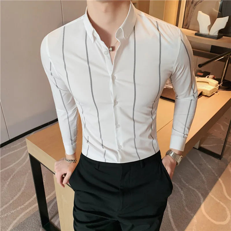 Nukty Men's Slim Fit Long Sleeve Stripe Dress Shirt for Casual & Formal Wear