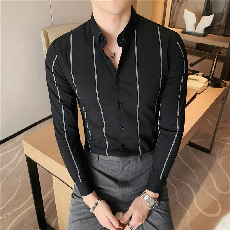 Nukty Men's Slim Fit Long Sleeve Stripe Dress Shirt for Casual & Formal Wear