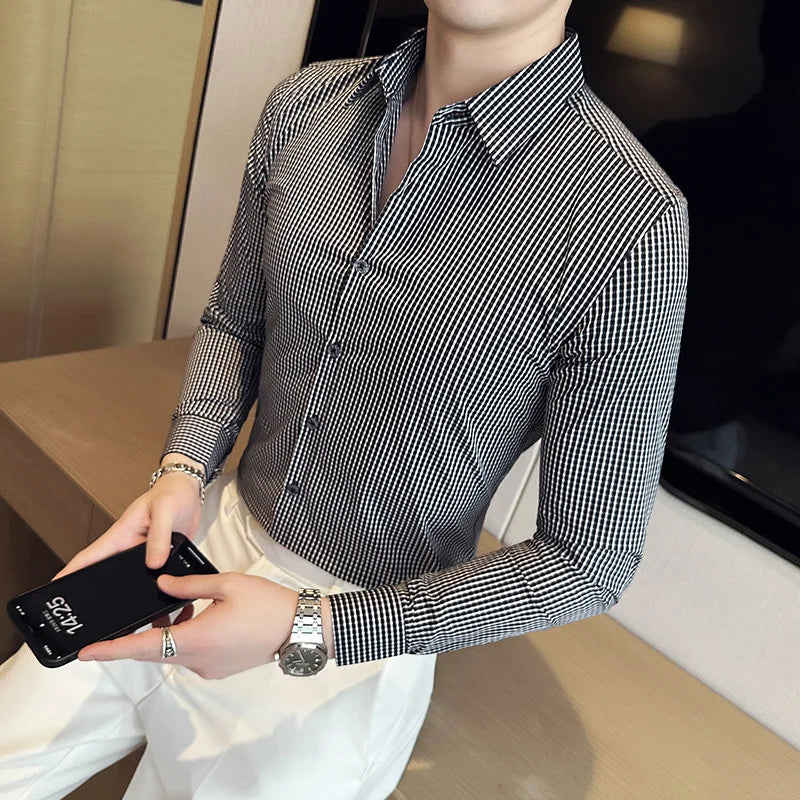 Nukty Men's Slim Fit Long Sleeve Stripe Dress Shirt for Casual & Formal Wear