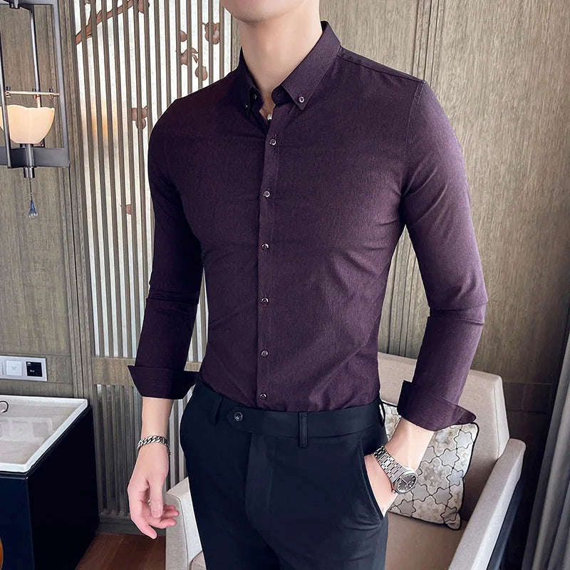 Nukty Men's Slim Fit Long Sleeve Stripe Dress Shirt for Casual & Formal Wear