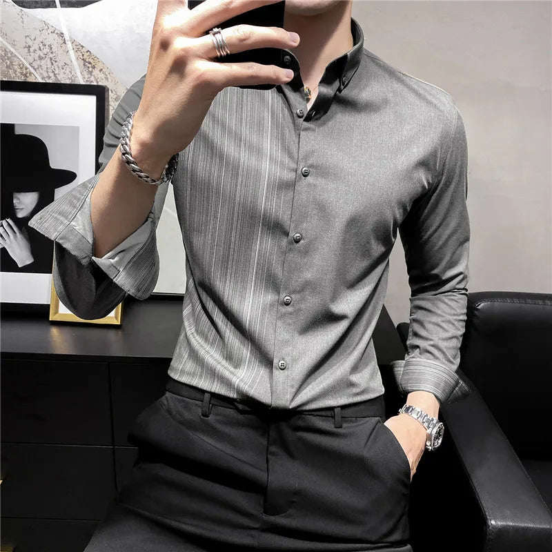 Nukty Men's Slim Fit Long Sleeve Stripe Dress Shirt for Casual & Formal Wear