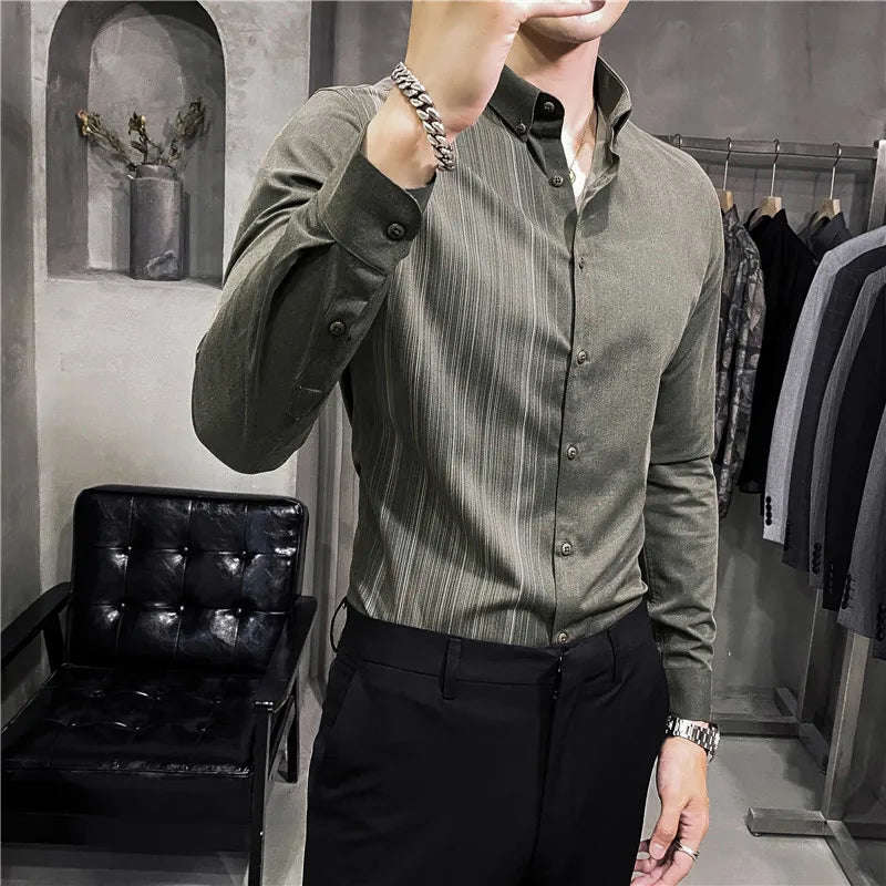 Nukty Men's Slim Fit Long Sleeve Stripe Dress Shirt for Casual & Formal Wear
