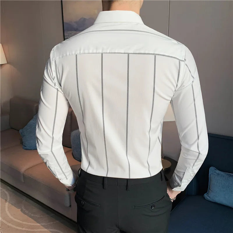 Nukty Men's Slim Fit Long Sleeve Stripe Dress Shirt for Casual & Formal Wear