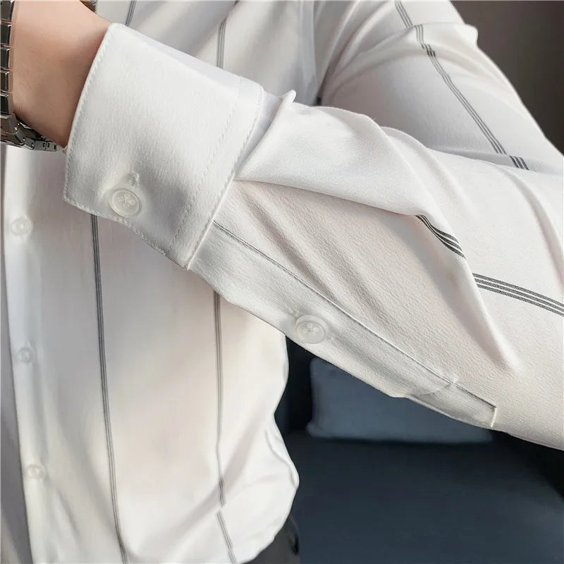 Nukty Men's Slim Fit Long Sleeve Stripe Dress Shirt for Casual & Formal Wear