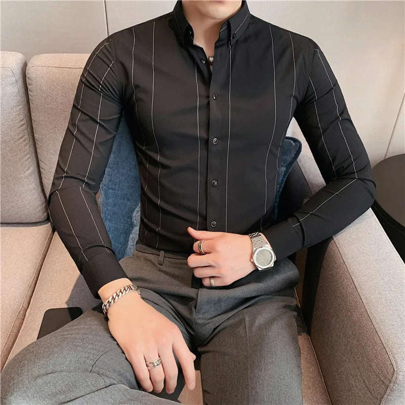 Nukty Men's Slim Fit Long Sleeve Stripe Dress Shirt for Casual & Formal Wear