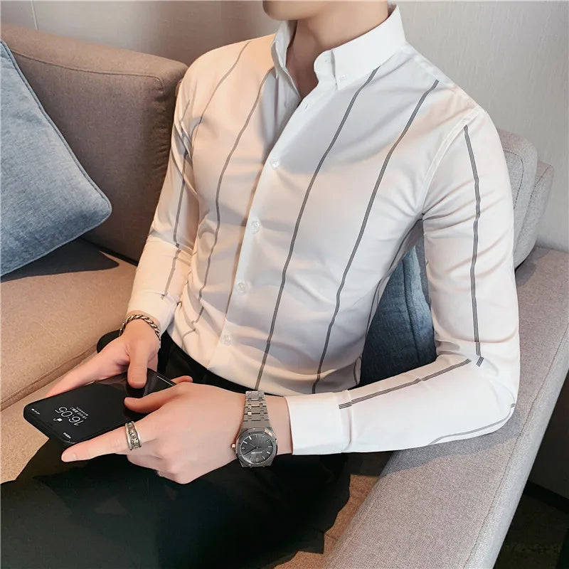 Nukty Men's Slim Fit Long Sleeve Stripe Dress Shirt for Casual & Formal Wear