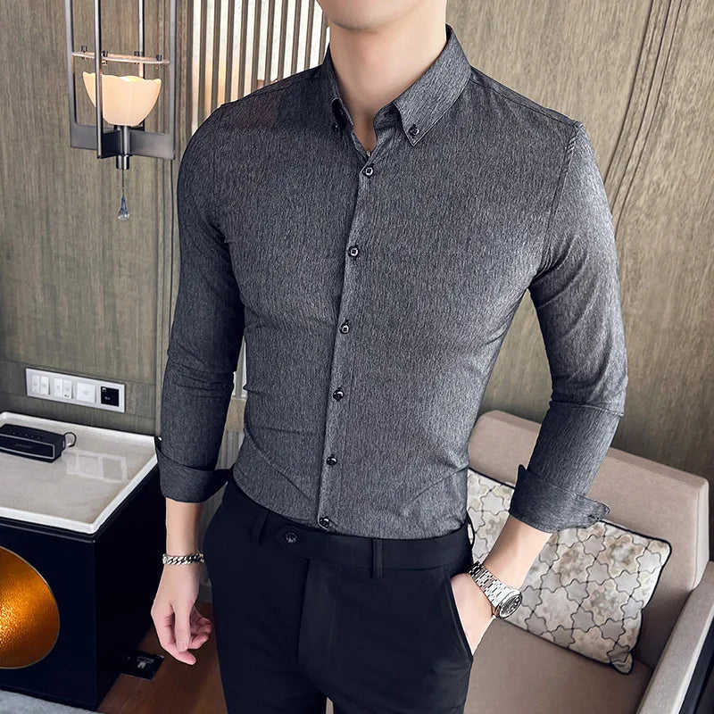 Nukty Men's Slim Fit Long Sleeve Stripe Dress Shirt for Casual & Formal Wear