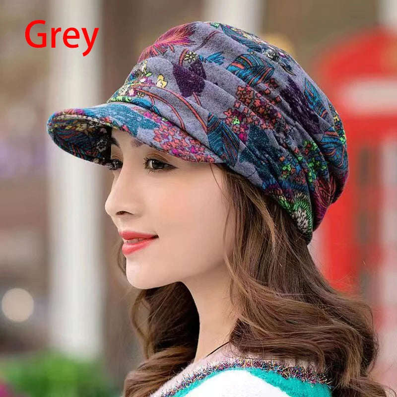 Nukty Women's Short Brim Warm Foldable Earflap Cap - Ethnic Floral Print for Autumn/Winter