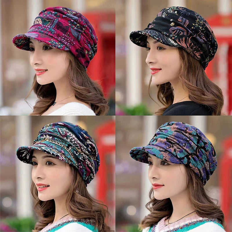 Nukty Women's Short Brim Warm Foldable Earflap Cap - Ethnic Floral Print for Autumn/Winter