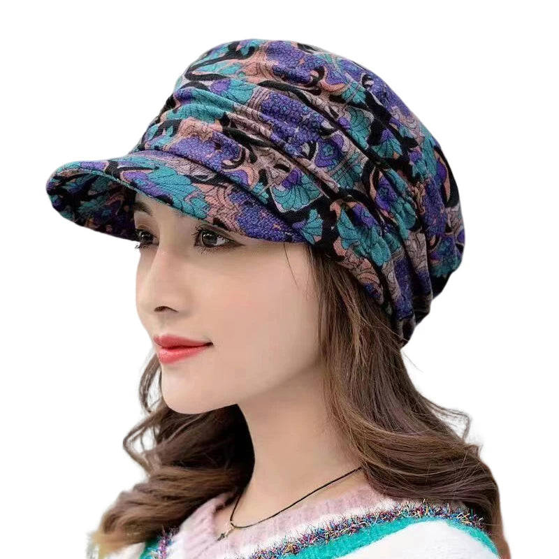 Nukty Women's Short Brim Warm Foldable Earflap Cap - Ethnic Floral Print for Autumn/Winter