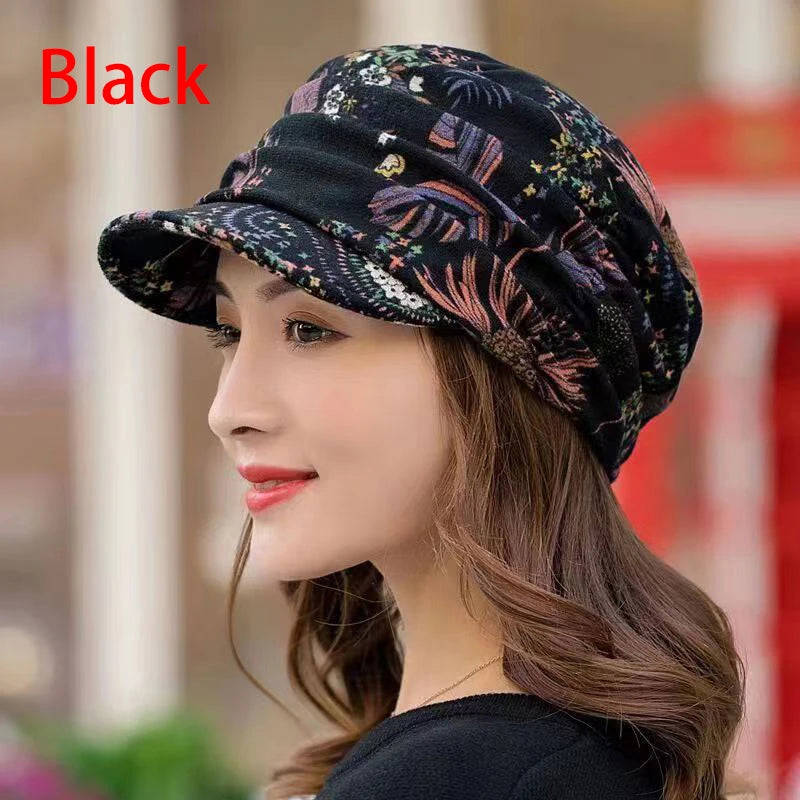 Nukty Women's Short Brim Warm Foldable Earflap Cap - Ethnic Floral Print for Autumn/Winter