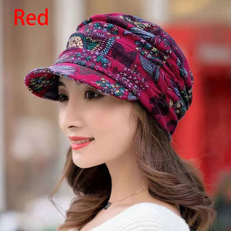 Nukty Women's Short Brim Warm Foldable Earflap Cap - Ethnic Floral Print for Autumn/Winter