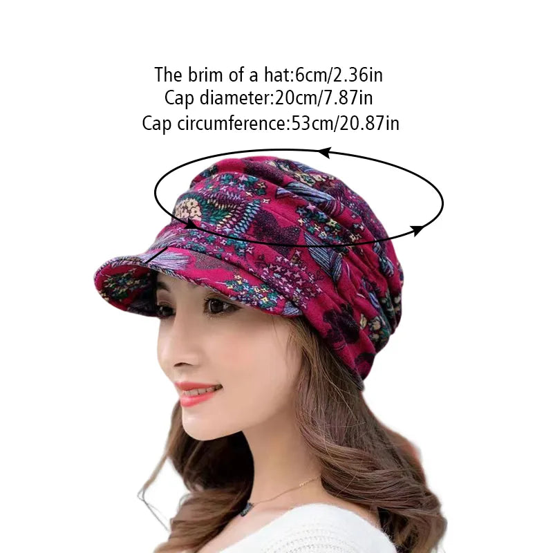 Nukty Women's Short Brim Warm Foldable Earflap Cap - Ethnic Floral Print for Autumn/Winter