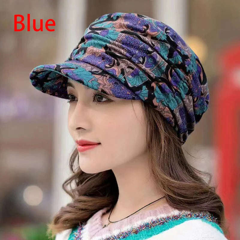 Nukty Women's Short Brim Warm Foldable Earflap Cap - Ethnic Floral Print for Autumn/Winter