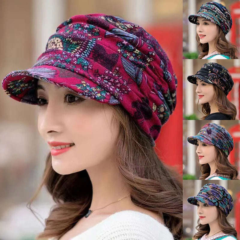 Nukty Women's Short Brim Warm Foldable Earflap Cap - Ethnic Floral Print for Autumn/Winter