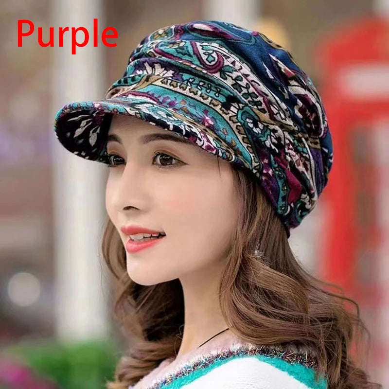 Nukty Women's Short Brim Warm Foldable Earflap Cap - Ethnic Floral Print for Autumn/Winter
