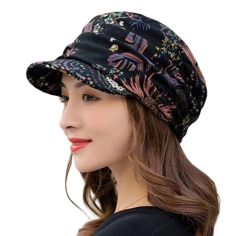 Nukty Women's Short Brim Warm Foldable Earflap Cap - Ethnic Floral Print for Autumn/Winter