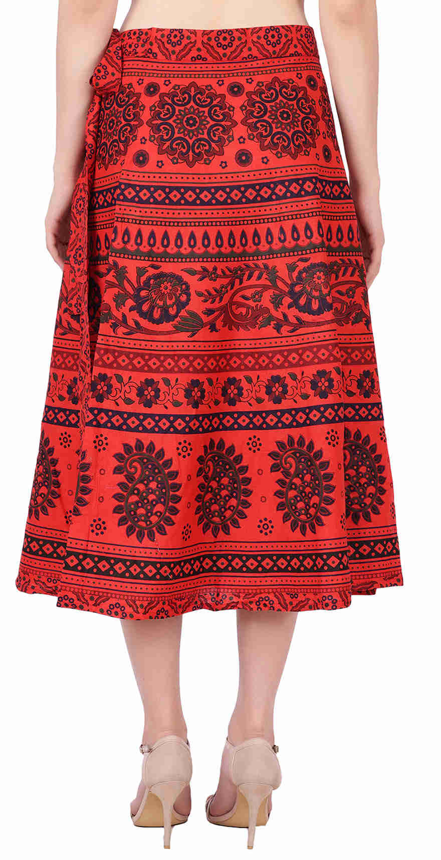 Indian Hand Block Printed Cotton Wrap Around Skirt for Women (Red, One Size)