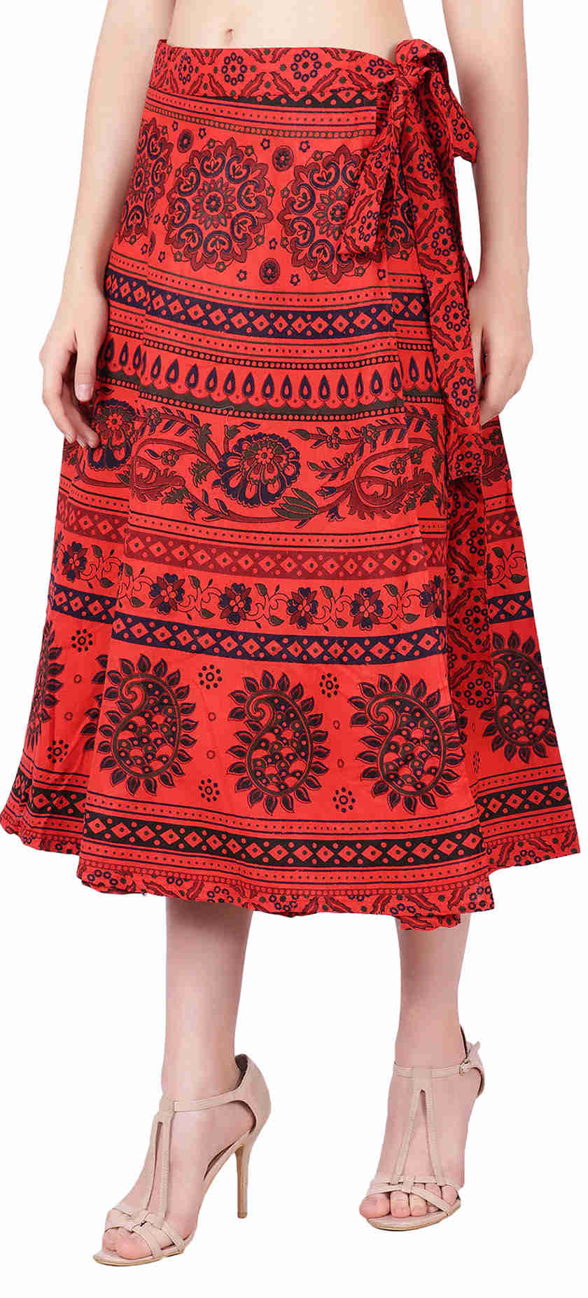 Indian Hand Block Printed Cotton Wrap Around Skirt for Women (Red, One Size)