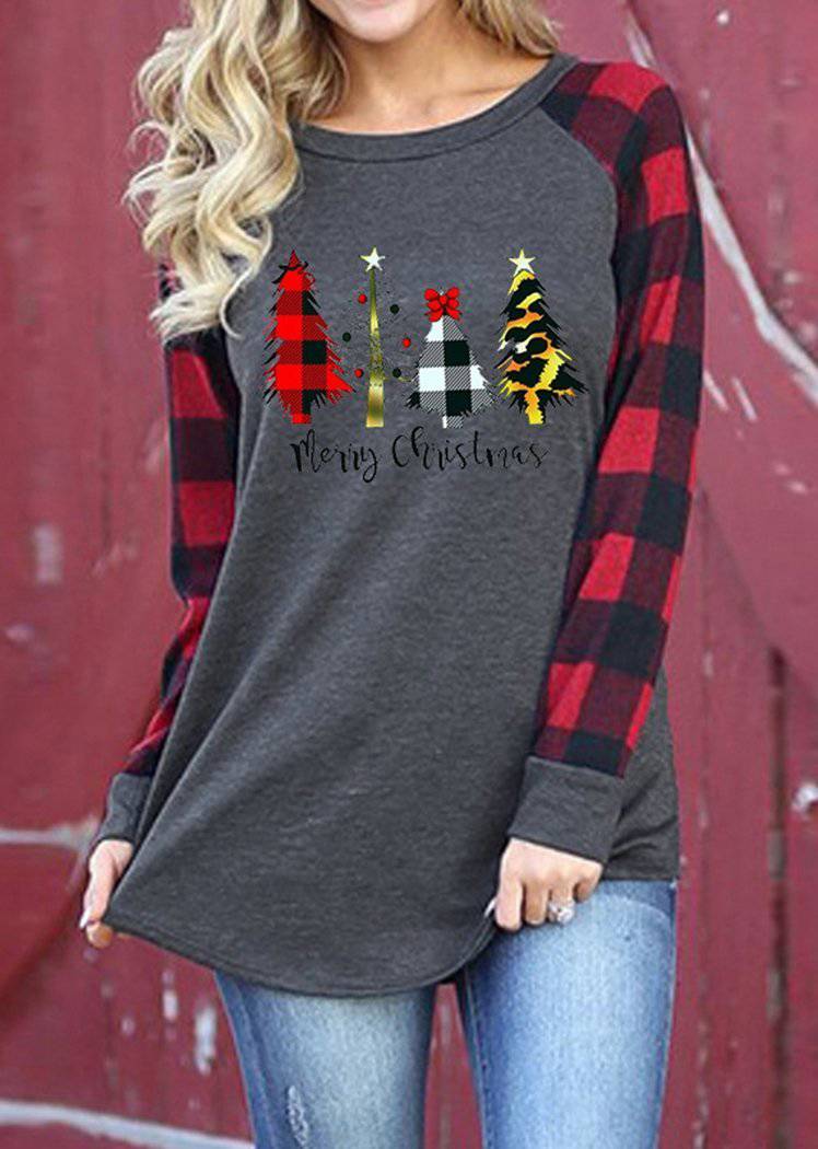 Women's Fashion Gray Christmas Tree Printing Red Plaid Long Sleeve Round Neck Pullover Top