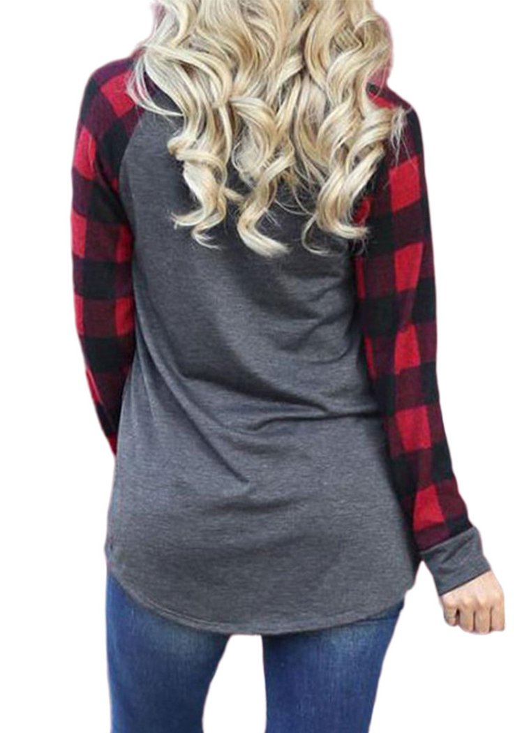 Women's Fashion Gray Christmas Tree Printing Red Plaid Long Sleeve Round Neck Pullover Top
