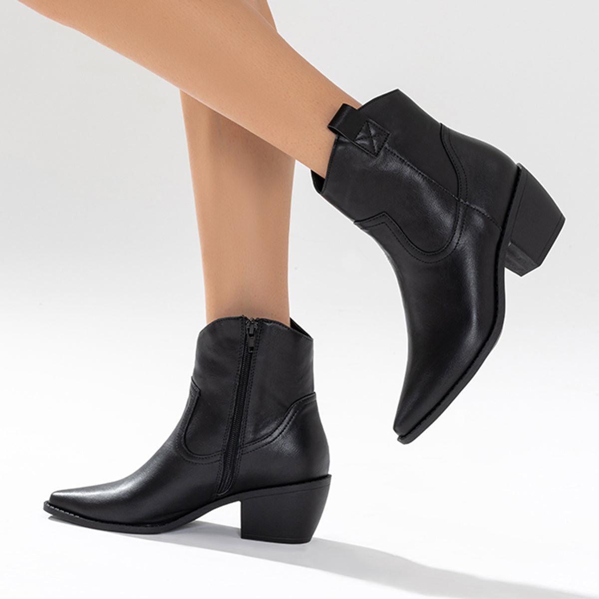 Black Western Cowboy Booties with Chunky Stacked Heel