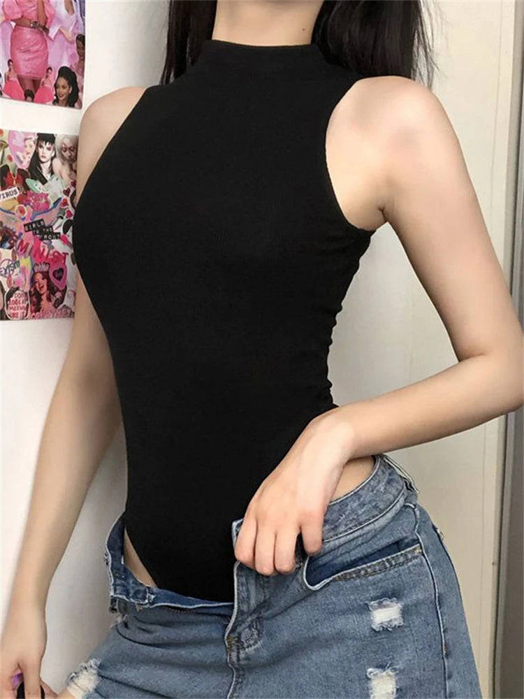Nukty Harajuku Solid Jumpsuit Women Sleeveless Bodycon Sexy Black Bodysuit