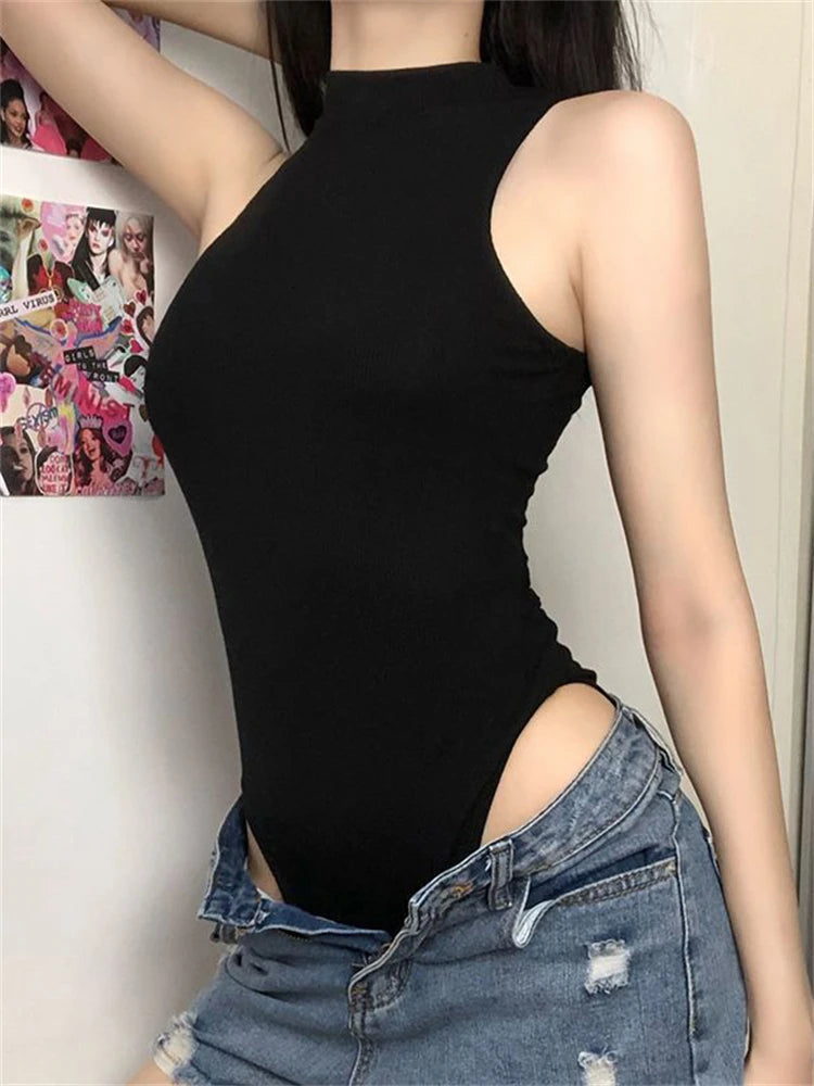 Nukty Harajuku Solid Jumpsuit Women Sleeveless Bodycon Sexy Black Bodysuit