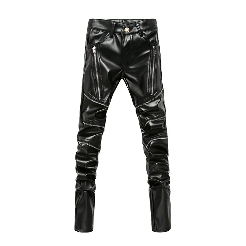 Nukty Men's Slim PU Leather Pants - Skinny Fit Biker Style
