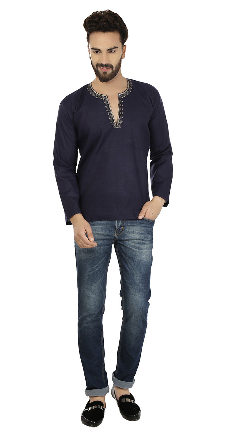 Indian Cotton Short Kurta for Men - Dark Blue