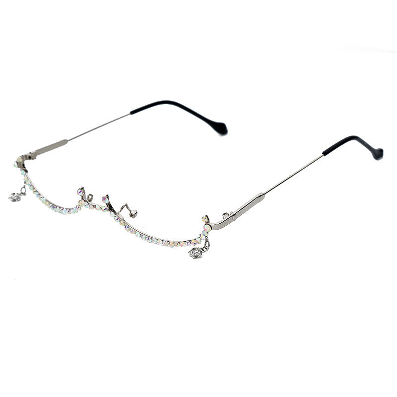 Diamond Eyeglasses Frame for Women - Water Drop Lensless Chain Pendant Half Frame Rhinestone Glasses Shades