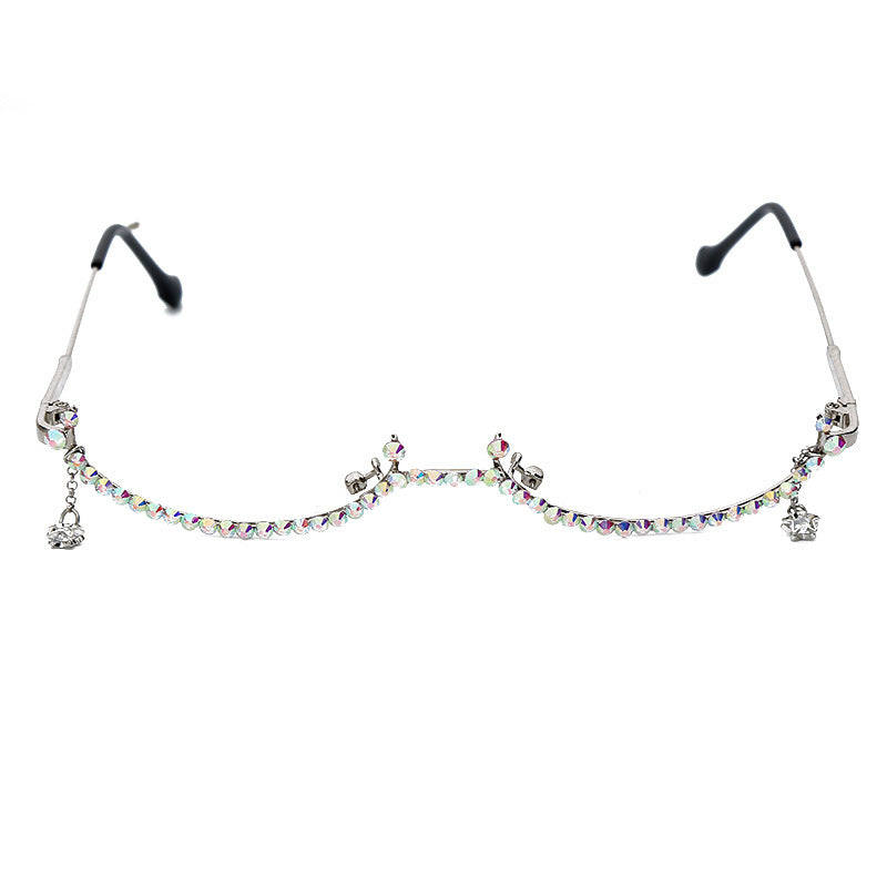 Diamond Eyeglasses Frame for Women - Water Drop Lensless Chain Pendant Half Frame Rhinestone Glasses Shades