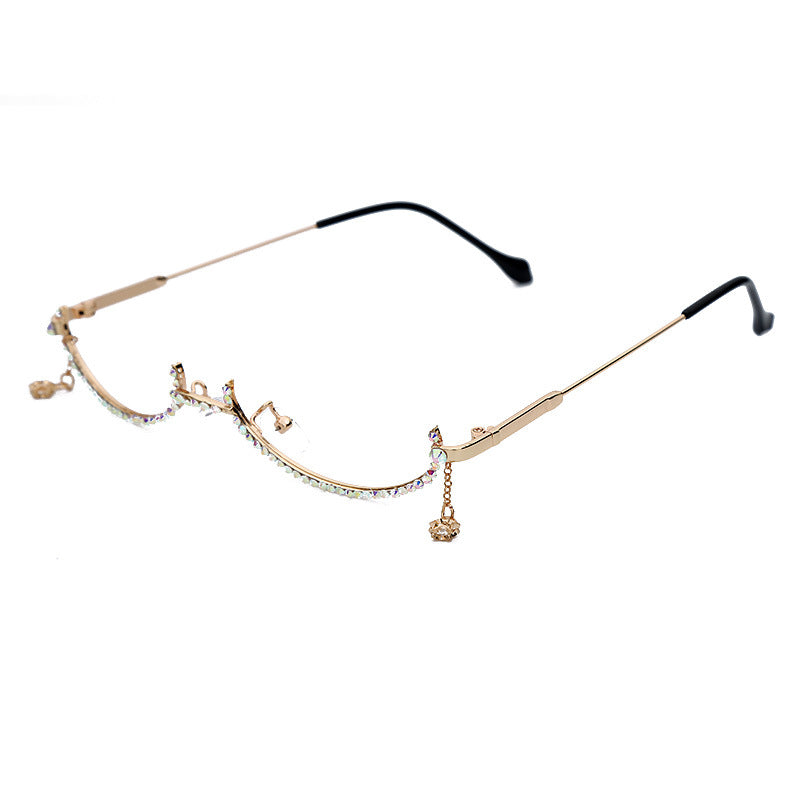Diamond Eyeglasses Frame for Women - Water Drop Lensless Chain Pendant Half Frame Rhinestone Glasses Shades
