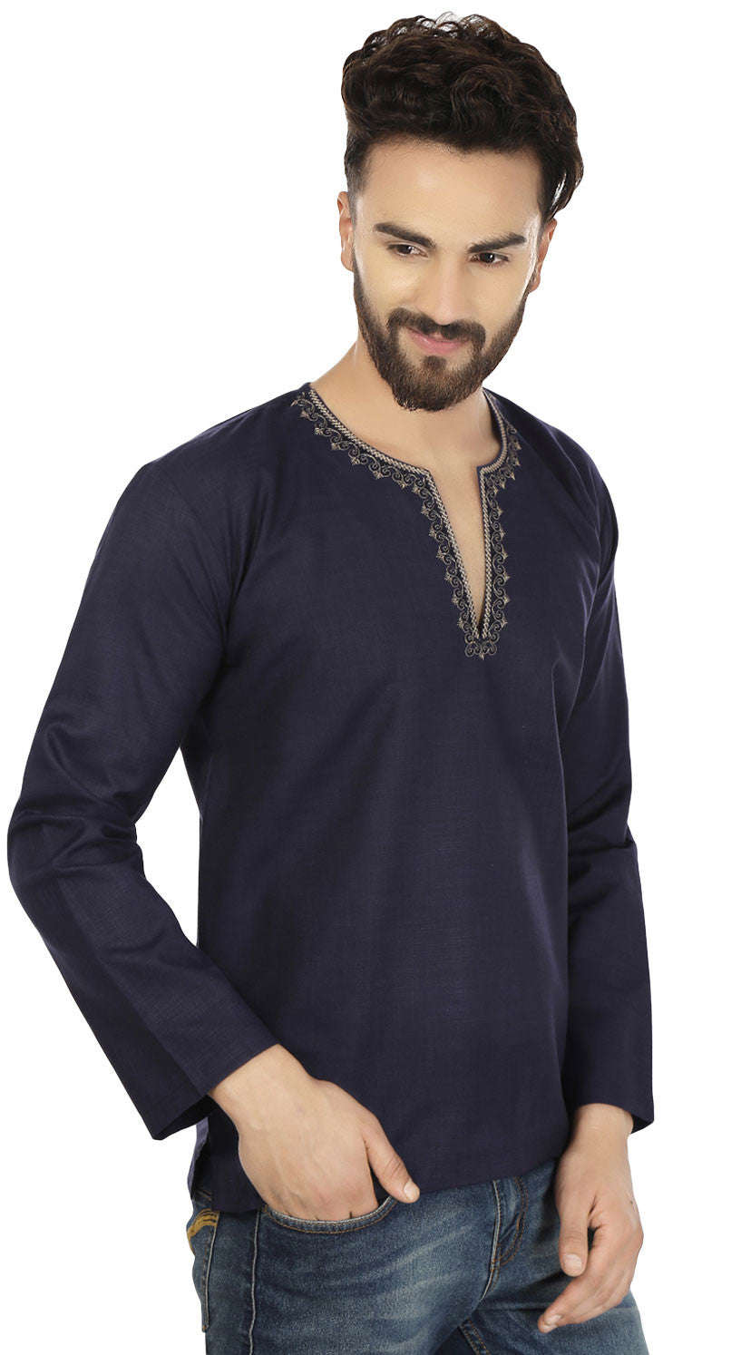 Indian Cotton Short Kurta for Men - Dark Blue