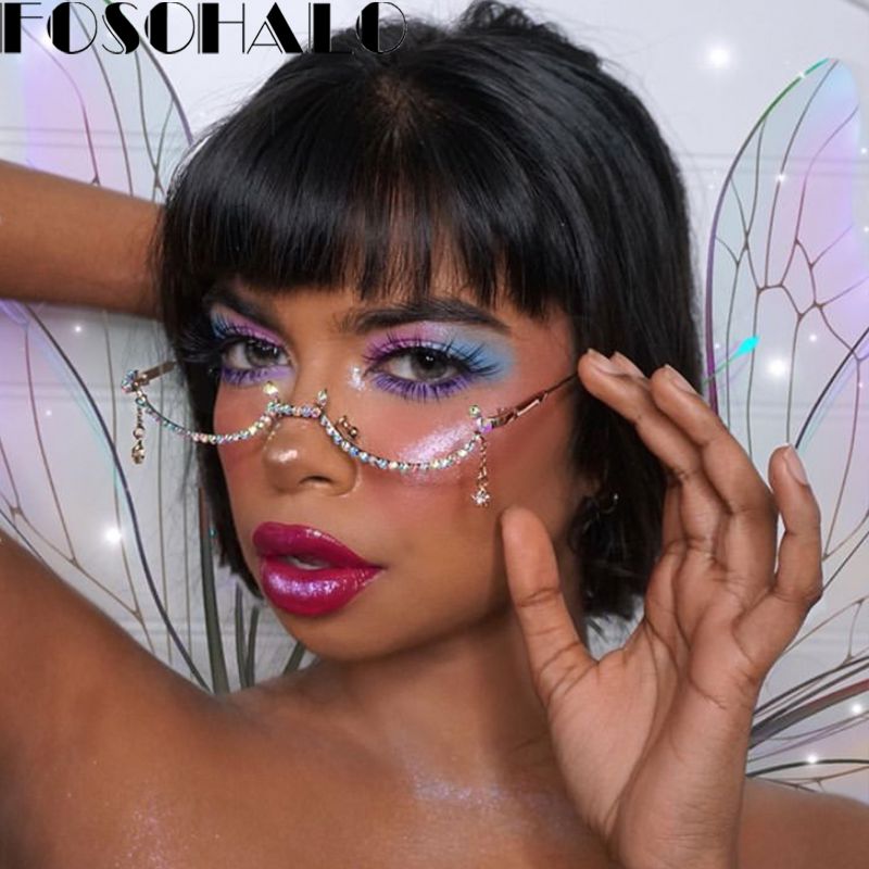 Diamond Eyeglasses Frame for Women - Water Drop Lensless Chain Pendant Half Frame Rhinestone Glasses Shades