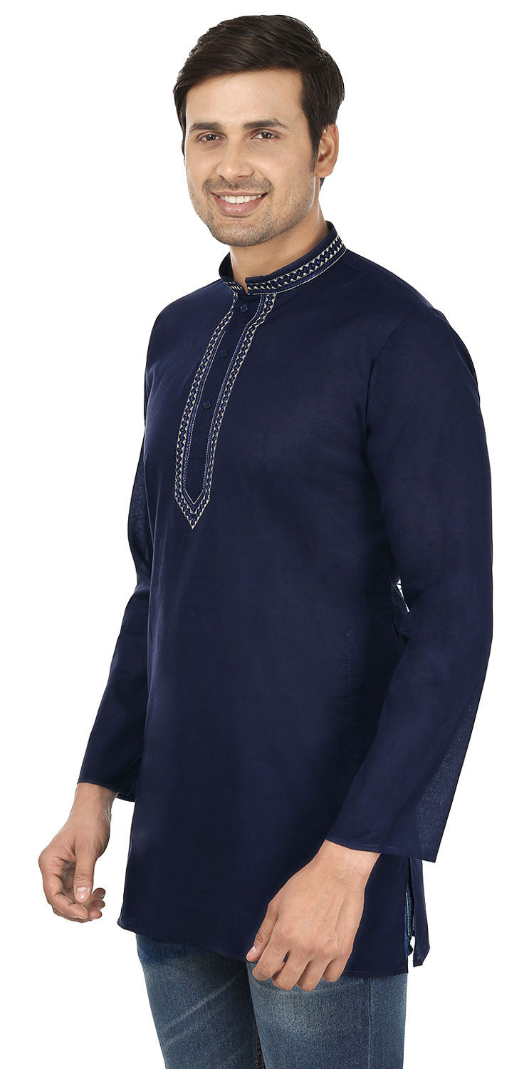 Indian Embroidered Cotton Short Kurta for Men - Dark Blue