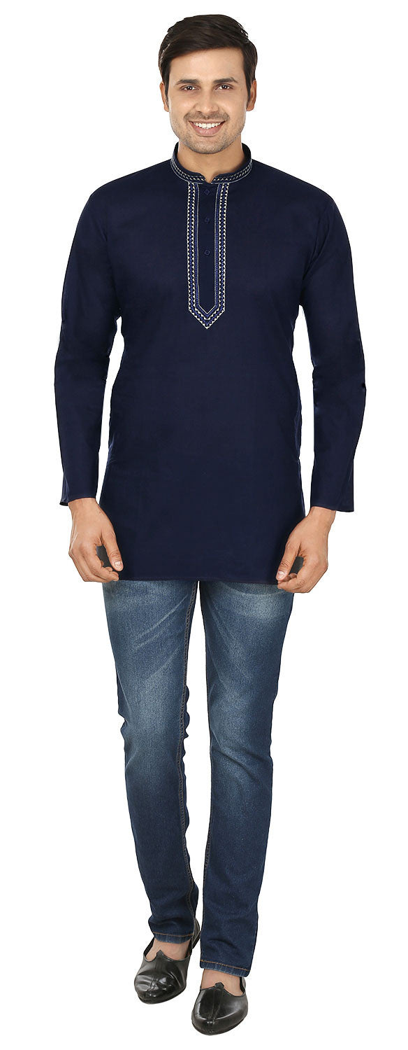 Indian Embroidered Cotton Short Kurta for Men - Dark Blue