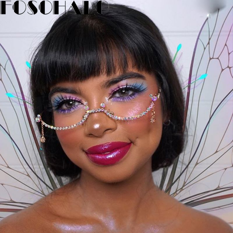 Diamond Eyeglasses Frame for Women - Water Drop Lensless Chain Pendant Half Frame Rhinestone Glasses Shades