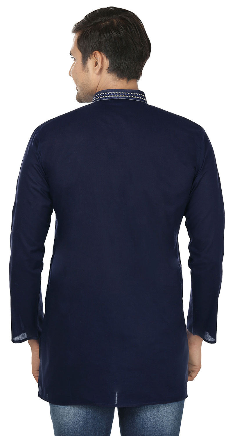 Indian Embroidered Cotton Short Kurta for Men - Dark Blue