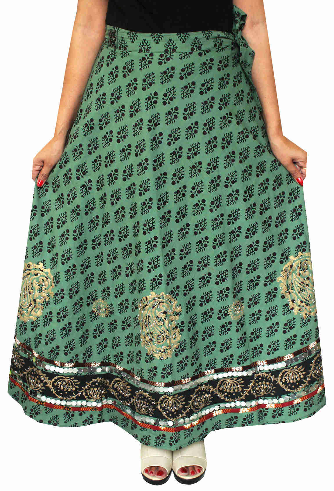 Handmade Cotton Wrap Around Women's Long Skirt with Beads and Sequins (Green)