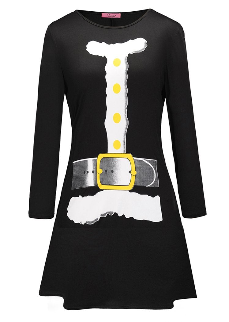 Fashion Christmas Patterns Printing Round Neck Long Sleeve Flared Midi Dress