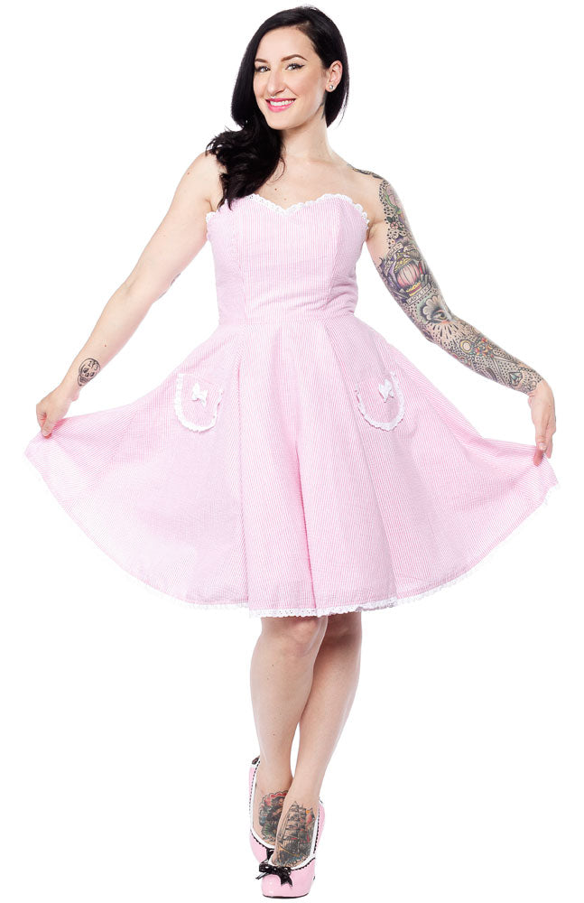 WAX POETIC CLOTHING SEERSUCKER SABRINA DRESS - Pink Swing Dress with Bow Pockets