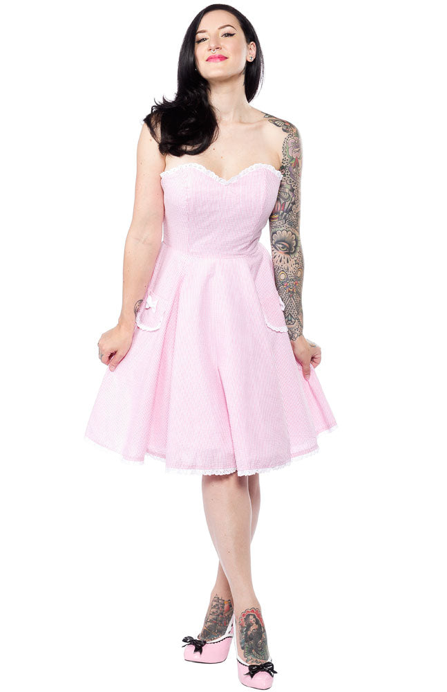 WAX POETIC CLOTHING SEERSUCKER SABRINA DRESS - Pink Swing Dress with Bow Pockets