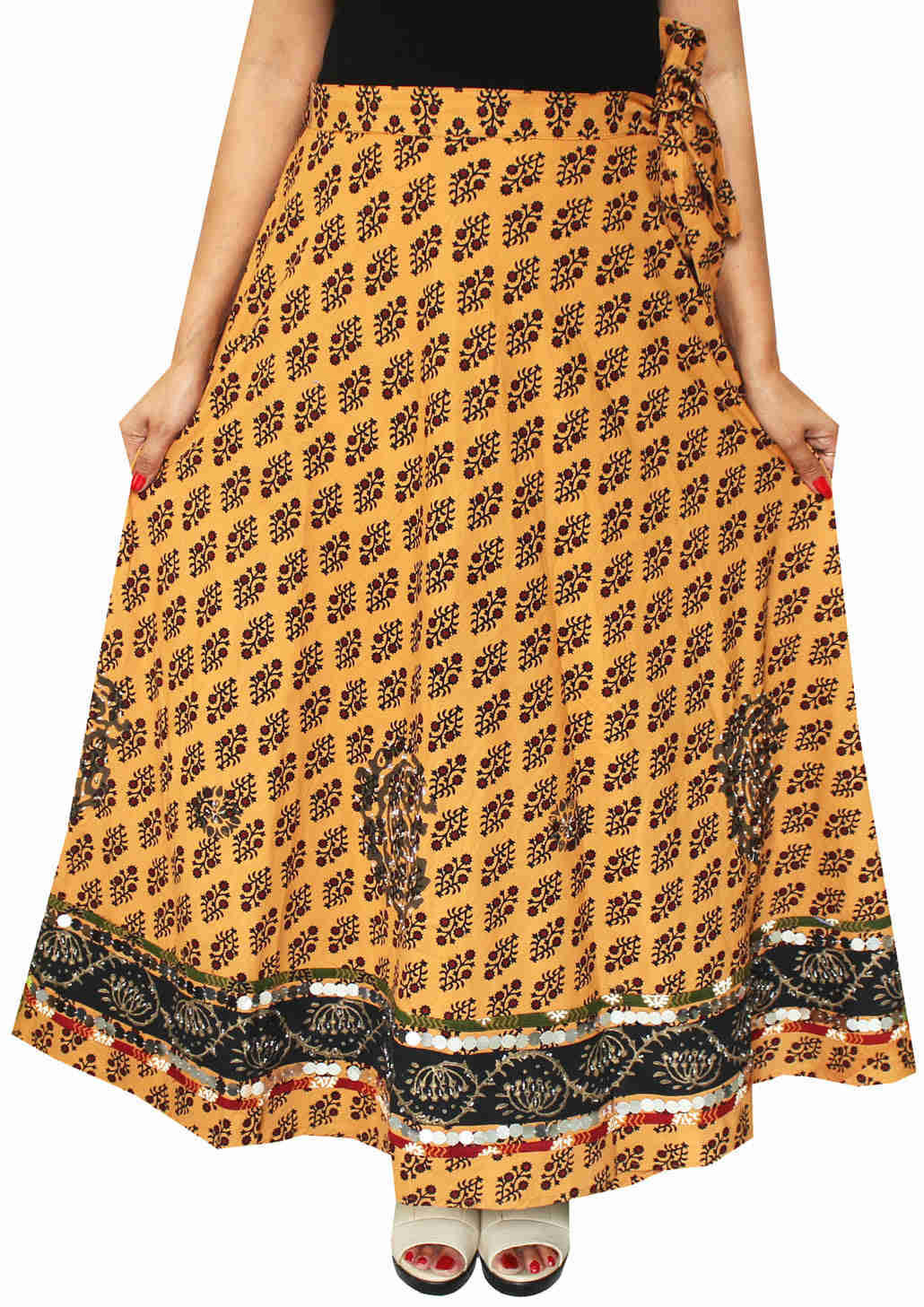 Women's Long Indian Wrap Skirt - Cotton Maxi Skirt with Hand Block Print (Brown)