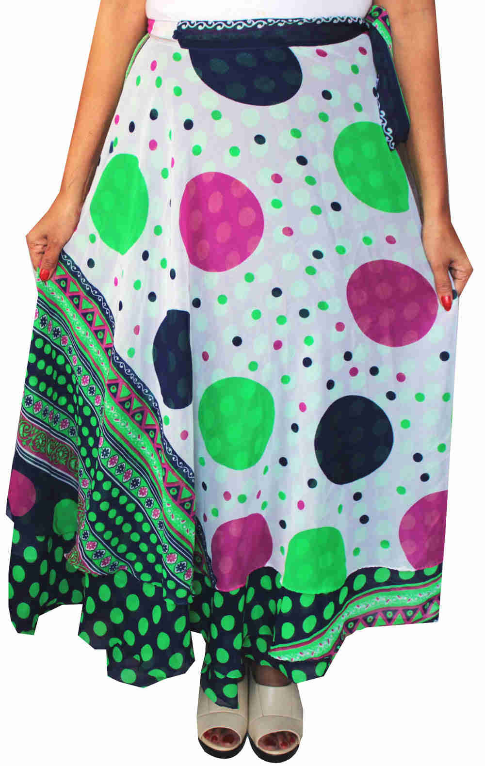 Wrap Around Long Indian Skirt for Women - Green Rayon Printed Skirt