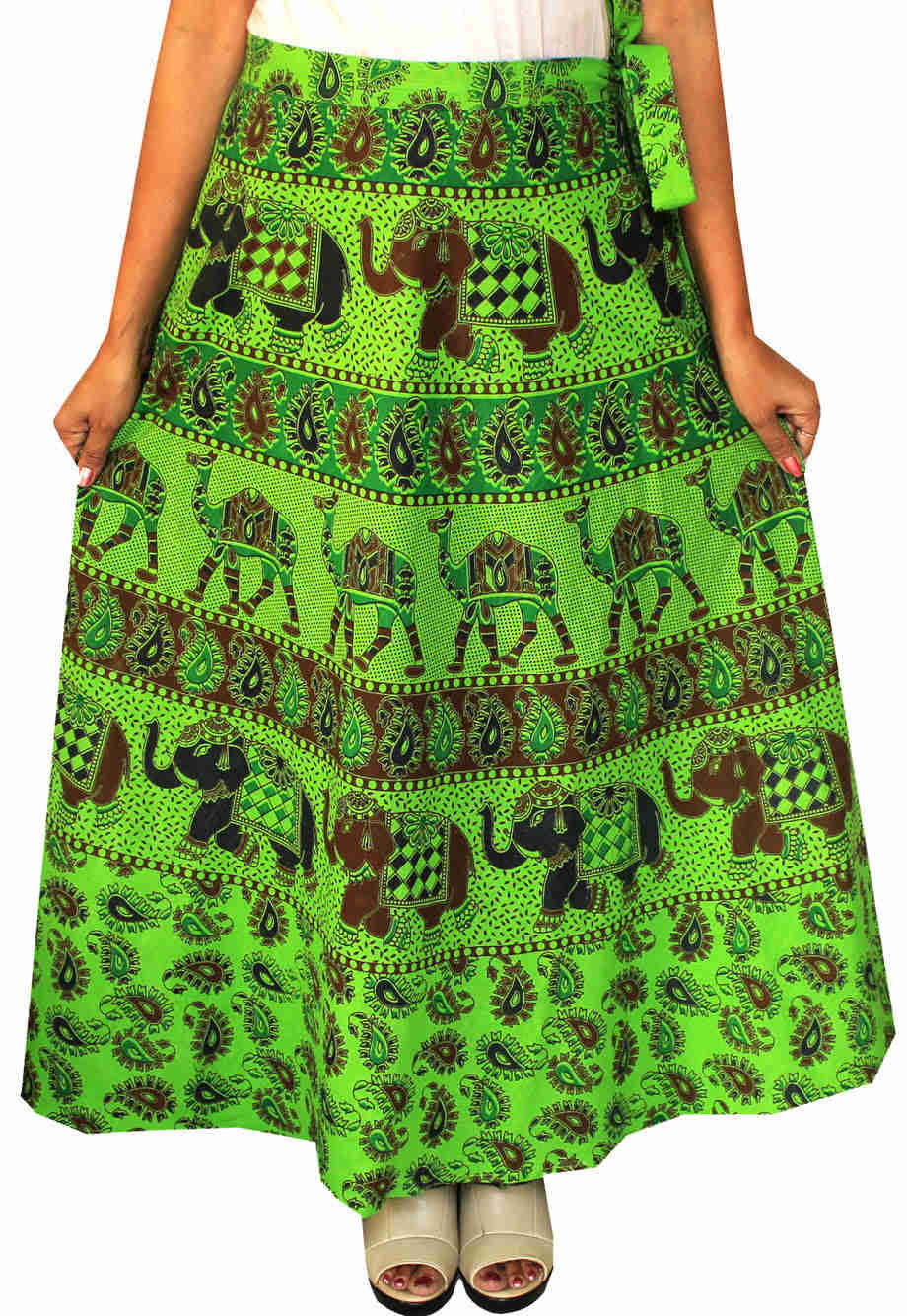 Long Indian Wrap Around Skirt for Women - Hand Block Printed Cotton (Green)