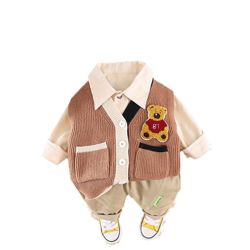 Boys Woolen Vest Long Sleeved Three Piece Suit - Stylish Kids Fashion Clothing