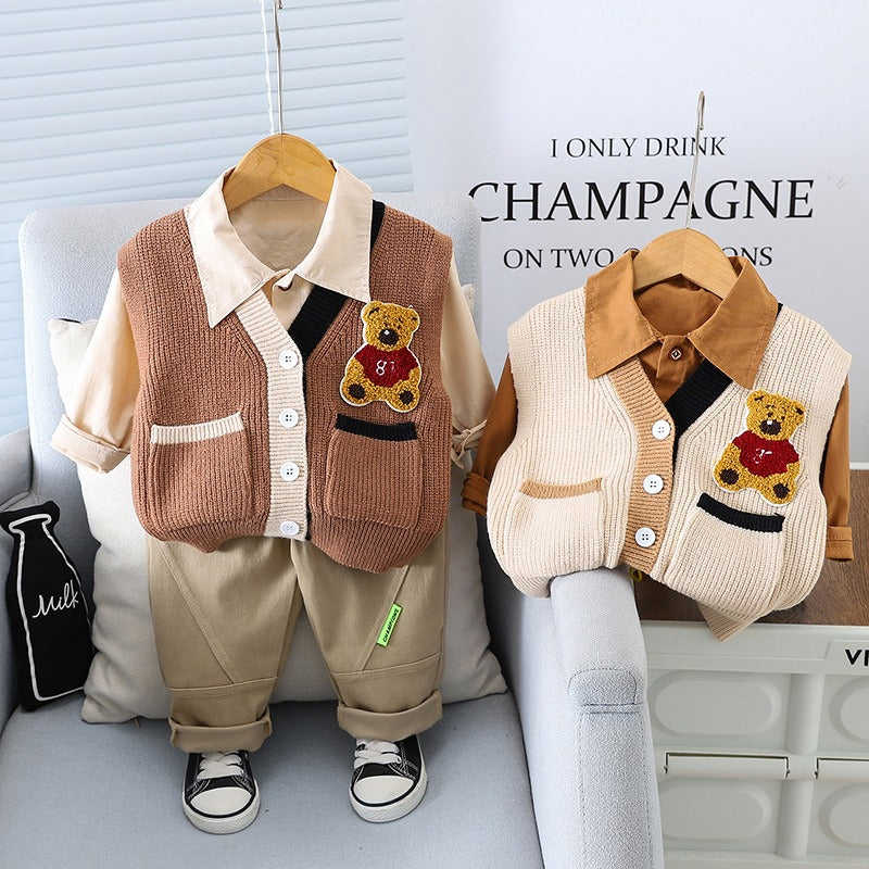 Boys Woolen Vest Long Sleeved Three Piece Suit - Stylish Kids Fashion Clothing