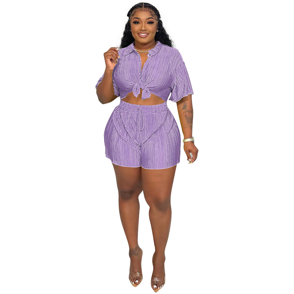 Women's Sexy Fashion Pleated Cloth Casual Shorts Short Sleeves Two-Piece Set